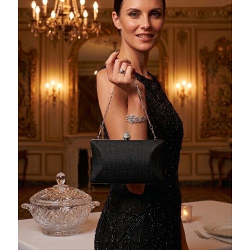 Evening Bag - Hard Case Shimmery Silk w/ Rhinestone & Clear Stone Accent Closure Knob - Black - BG-1120SL-BK